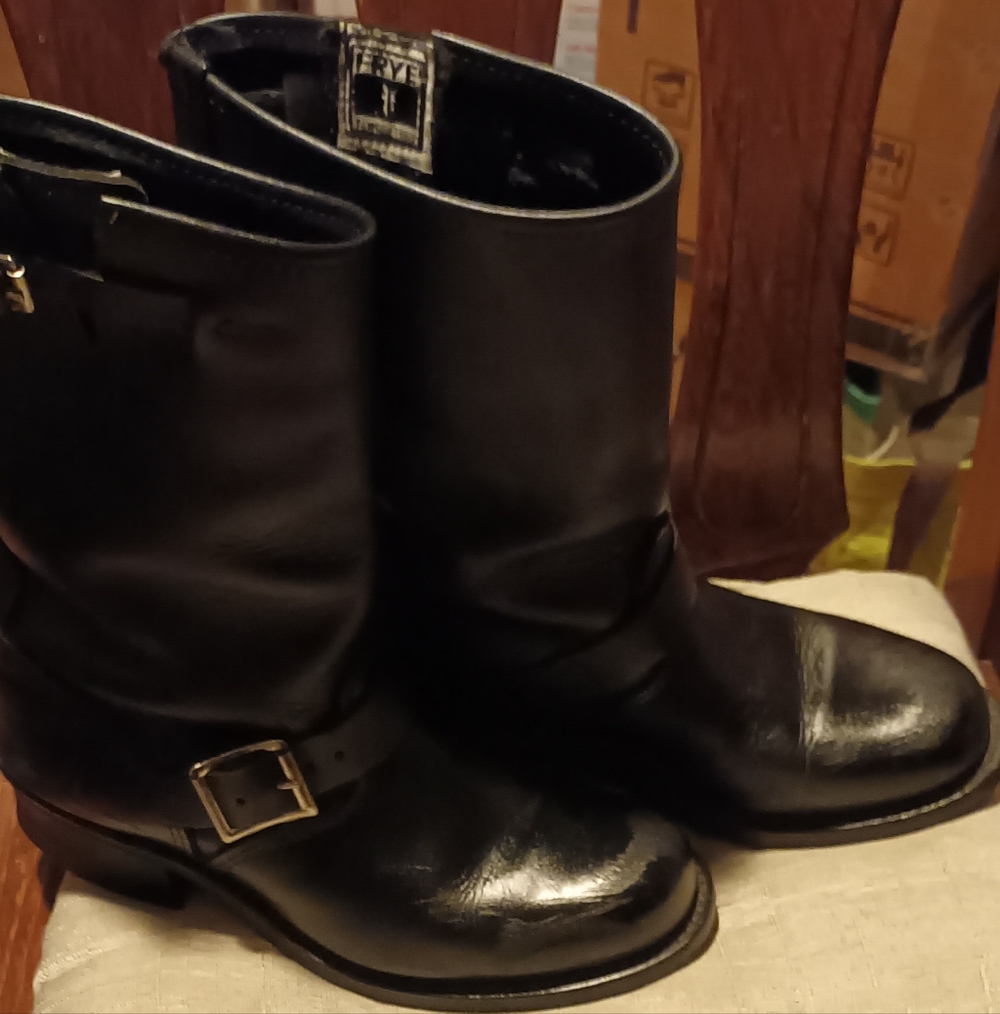 Frye Black Leather Moto Buckle Ankle Boots
